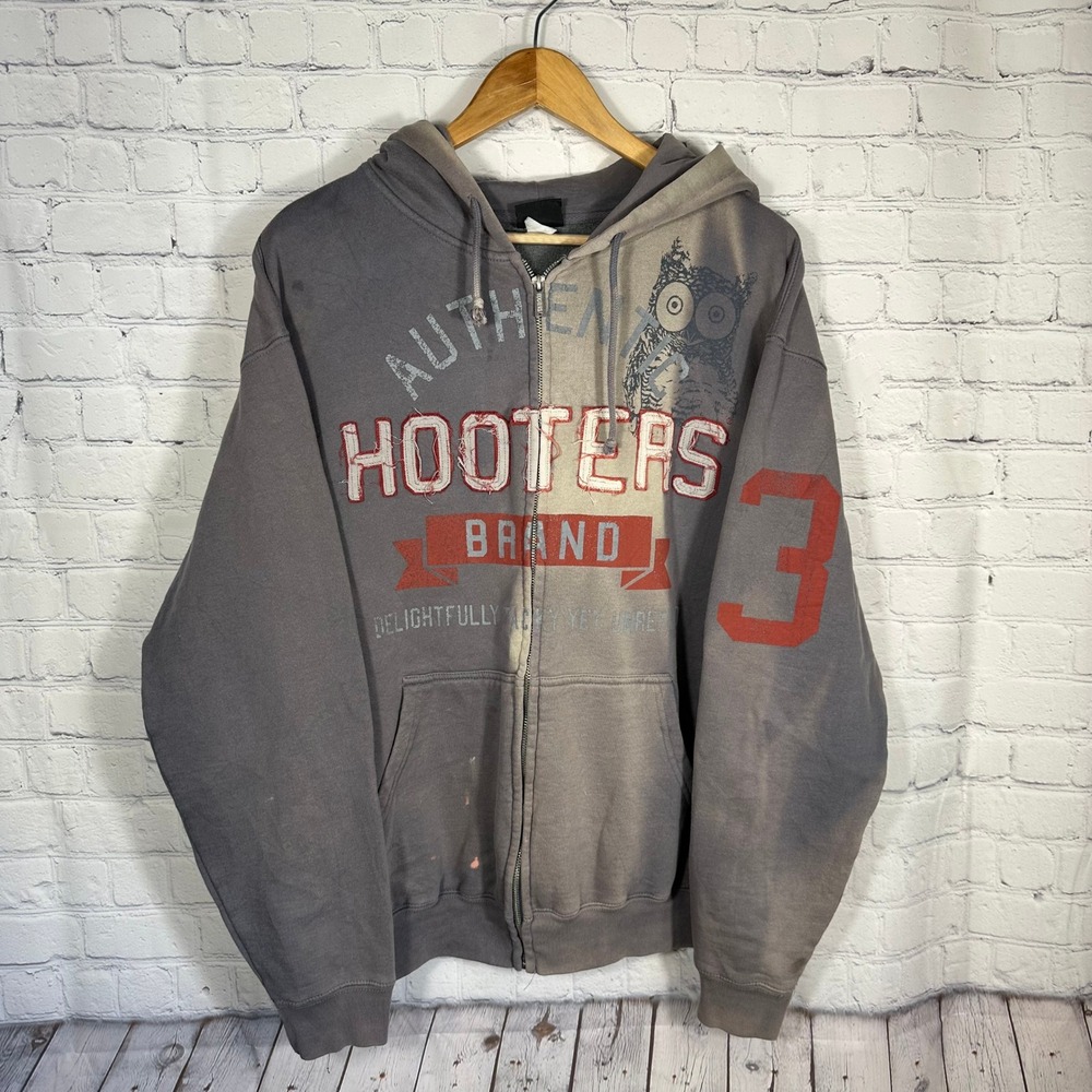 Hooters Brand Mens Full Zip Hoodie Gray‎ Sun Faded Distressed Graphic Sweatshirt